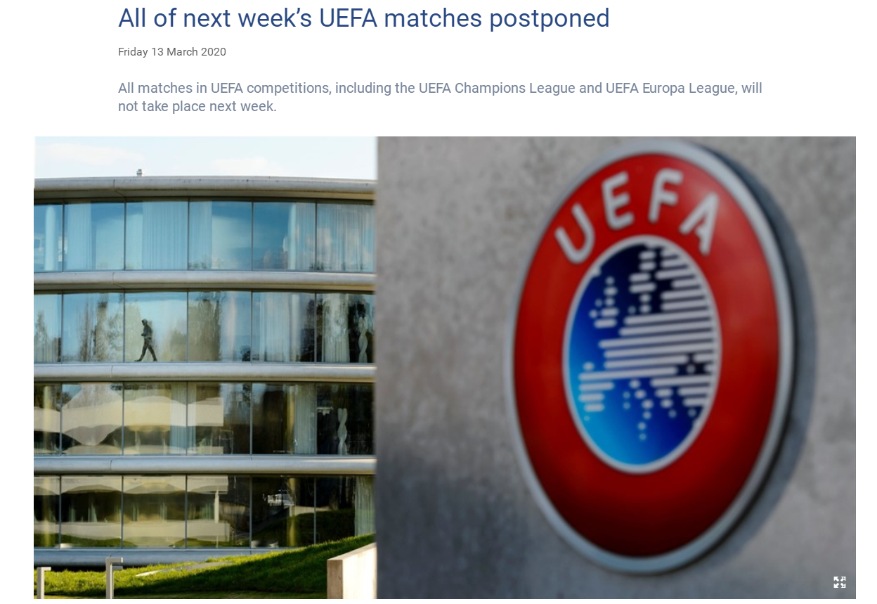 欧足联：下周欧冠欧联全部延期 抽签仪式同样推迟